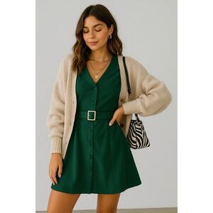 NWOT Rihoas Forest Green Puff‎ Sleeve Midi Dress Button Front Quiet Luxury M